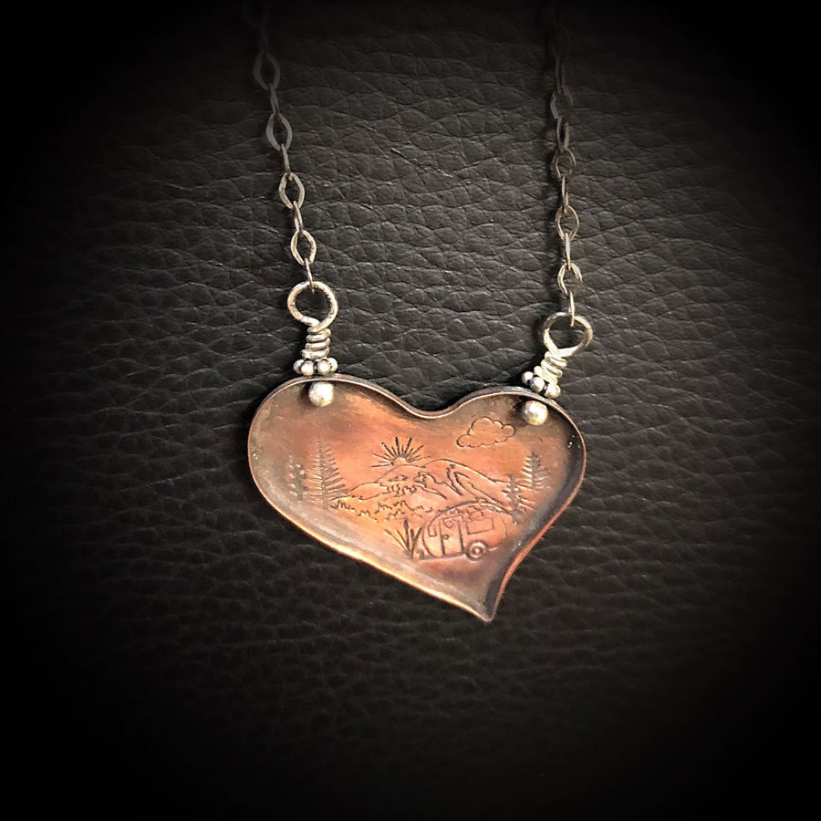 Artisan Sterling Silver and Copper Gorgeous Rustic Camping Scene in a Heart - Subtle and Classy - Lightweight Camper Mountains Rainier