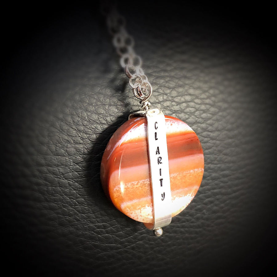 Artisan Sterling Silver & Banded Red Agate CLARITY Necklace Pendant, INNER STRENGTH, Unique Sterling Silver Banded Stone Pendant