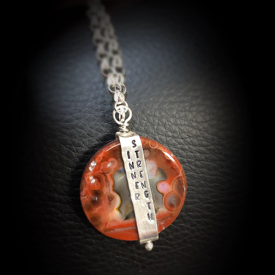 Artisan Sterling Silver & Banded Red Agate CLARITY Necklace Pendant, INNER STRENGTH, Unique Sterling Silver Banded Stone Pendant