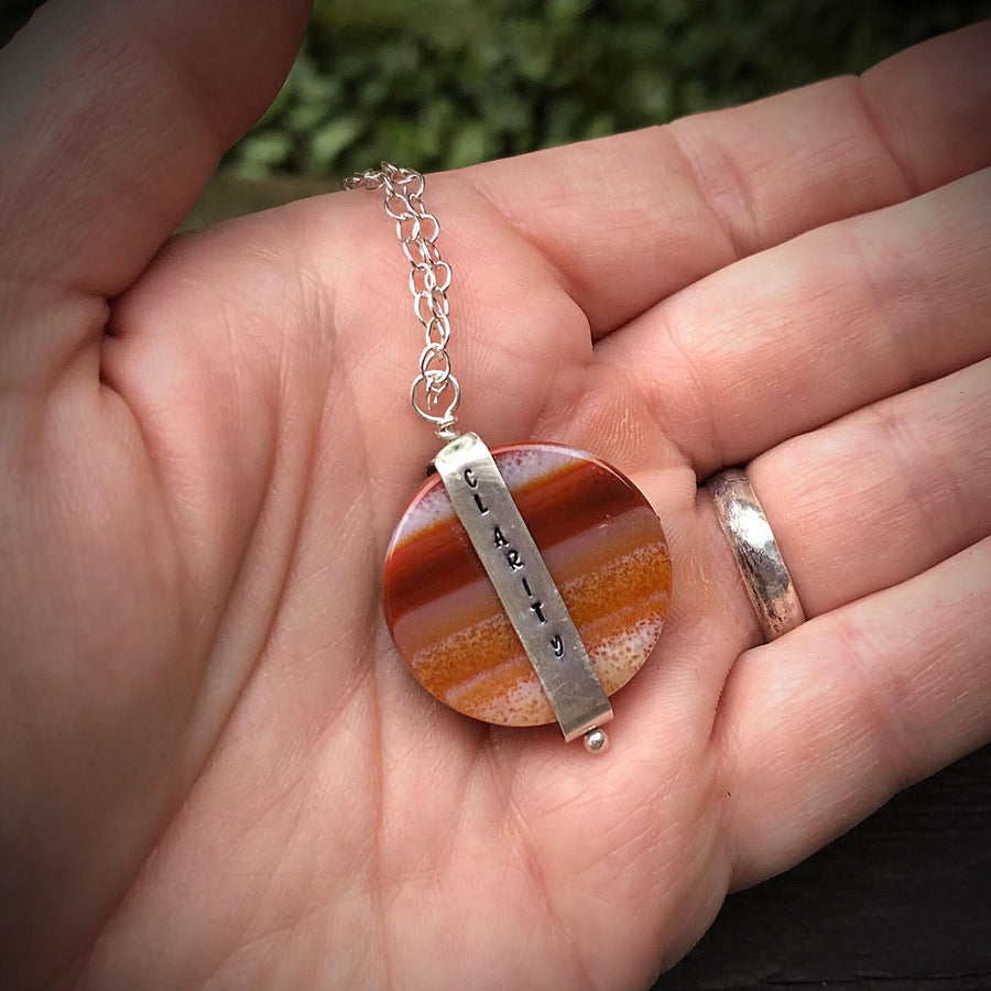 Artisan Sterling Silver & Banded Red Agate CLARITY Necklace Pendant, INNER STRENGTH, Unique Sterling Silver Banded Stone Pendant