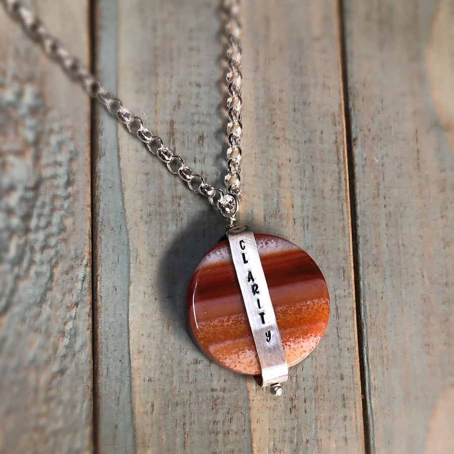 Artisan Sterling Silver & Banded Red Agate CLARITY Necklace Pendant, INNER STRENGTH, Unique Sterling Silver Banded Stone Pendant