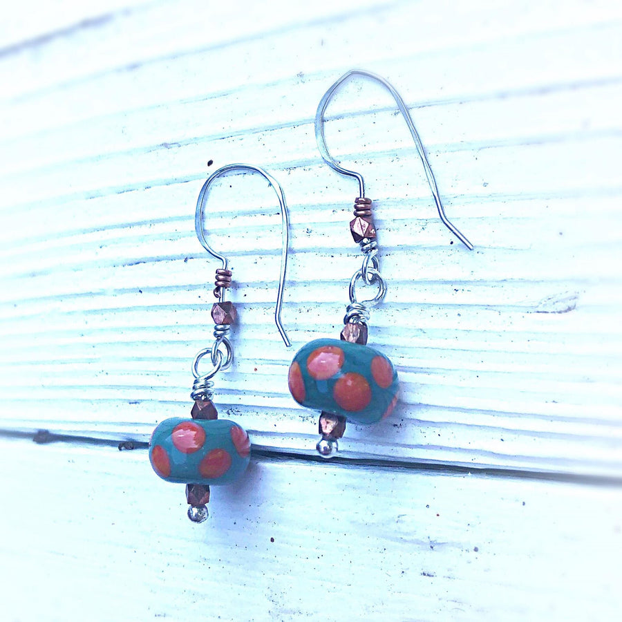 Artisan Sterling Silver & Lampwork Glass beads with Sterling Earwires Drop Dangle Earrings Teal and Orange with Copper Accents