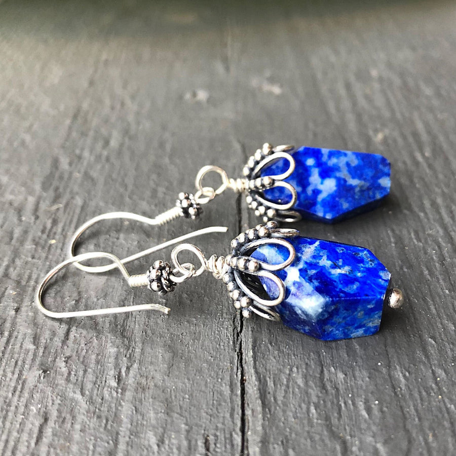 Artisan Sterling Silver & Chunky Lapis Lazuli Earrings, Antiqued Silver Accents, Unusual, Breathtaking, Deep Azure Blue, Statement Earrings