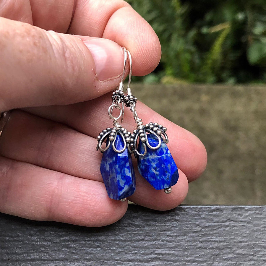 Artisan Sterling Silver & Chunky Lapis Lazuli Earrings, Antiqued Silver Accents, Unusual, Breathtaking, Deep Azure Blue, Statement Earrings