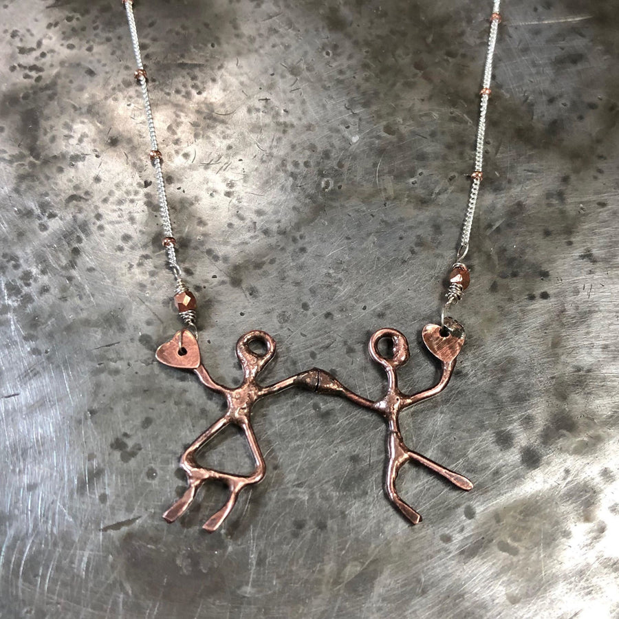 Artisan Copper and Sterling Dancing Couple Necklace, Holding Hands, One of a Kind Sculpture Pendant, Man and Woman, Boy and Girl, Love