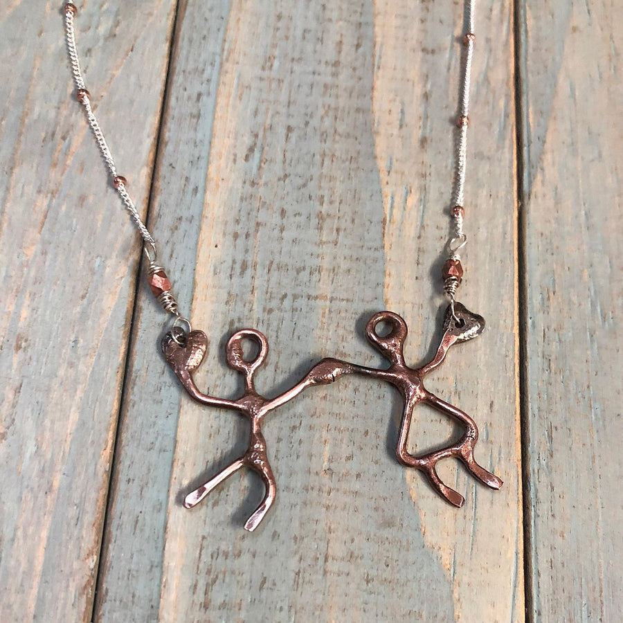 Artisan Copper and Sterling Dancing Couple Necklace, Holding Hands, One of a Kind Sculpture Pendant, Man and Woman, Boy and Girl, Love