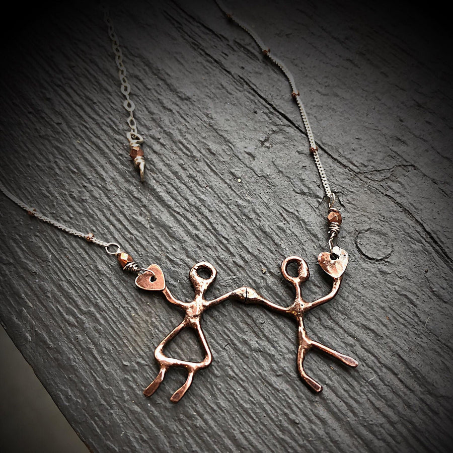 Artisan Copper and Sterling Dancing Couple Necklace, Holding Hands, One of a Kind Sculpture Pendant, Man and Woman, Boy and Girl, Love