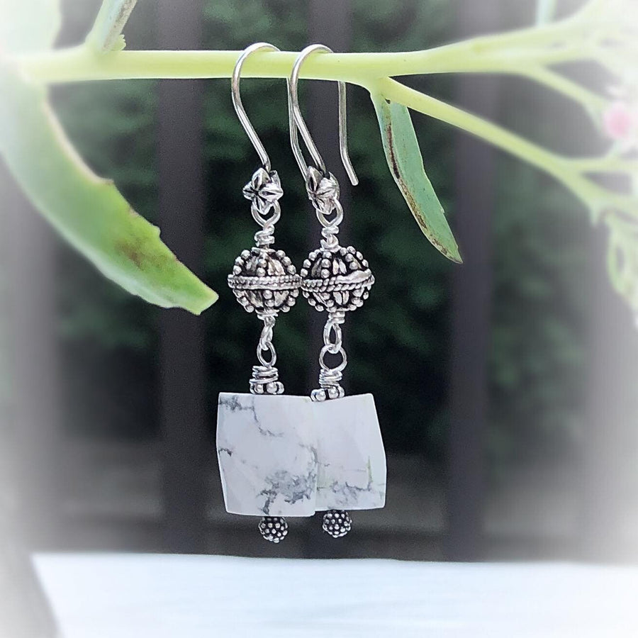 Artisan Sterling Silver & Chunky White and Grey Howlite Earrings, Antiqued Silver Accents, Bali Silver, Go with Everything, Square Gemstone