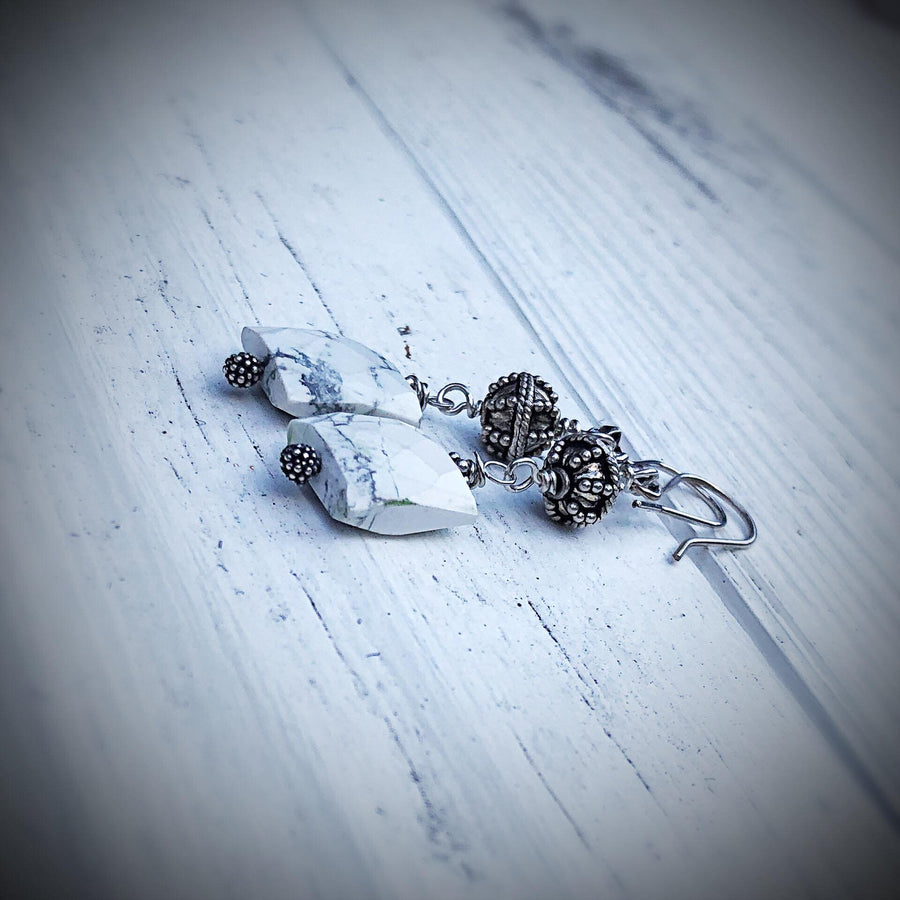 Artisan Sterling Silver & Chunky White and Grey Howlite Earrings, Antiqued Silver Accents, Bali Silver, Go with Everything, Square Gemstone