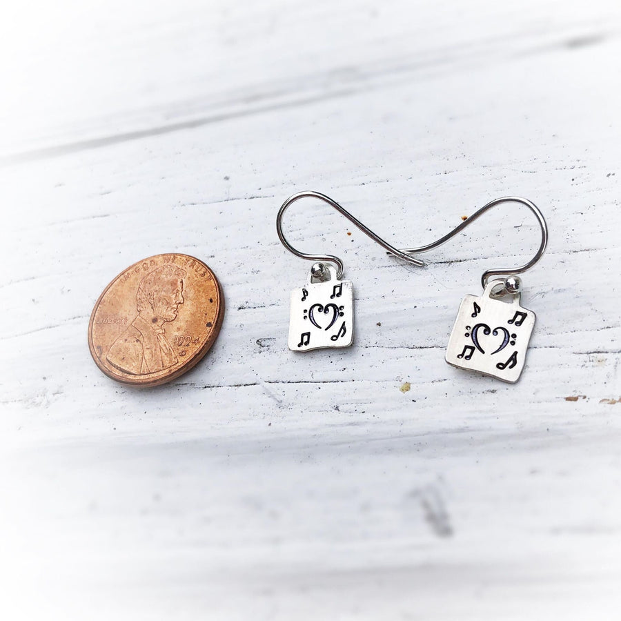 Artisan Sterling Silver Little Musical Note Heart Bass Clef Earrings, Tiny, Minimalist Earrings, Music Lover, Music Note Earrings