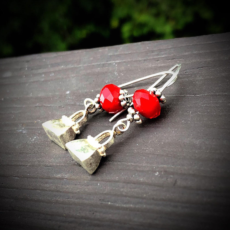 Artisan Sterling Silver Tiny Detailed Purse Earrings, Nice Weight, Faceted Red Jade on Sterling Ear Wires, Solid Charm, Not Hollow