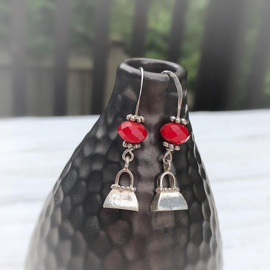 Artisan Sterling Silver Tiny Detailed Purse Earrings, Nice Weight, Faceted Red Jade on Sterling Ear Wires, Solid Charm, Not Hollow