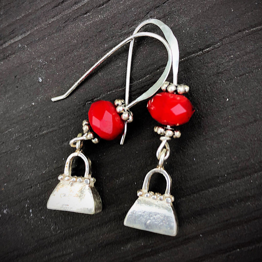 Artisan Sterling Silver Tiny Detailed Purse Earrings, Nice Weight, Faceted Red Jade on Sterling Ear Wires, Solid Charm, Not Hollow