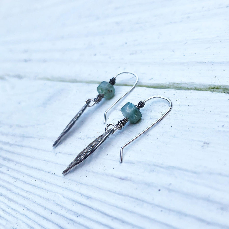 Artisan Sterling Silver Leaf & Green Agate beads with Sterling Earwires Drop Dangle Earrings Beautiful Bali Silver Stamped