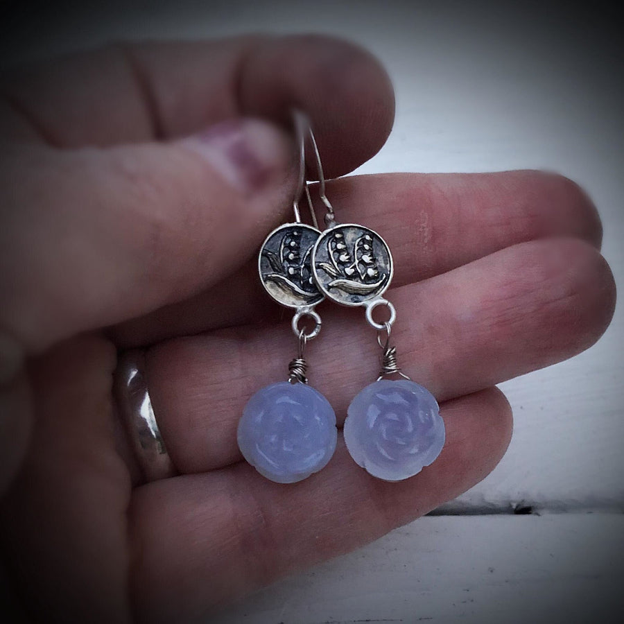 Artisan Sterling Silver and Chalcedony Blue Bell earrings, carved Agate, AAA Blue Chalcedony, Unique and Secure Earwires, Handmade