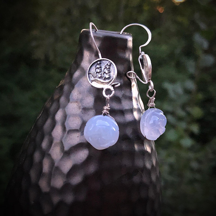 Artisan Sterling Silver and Chalcedony Blue Bell earrings, carved Agate, AAA Blue Chalcedony, Unique and Secure Earwires, Handmade