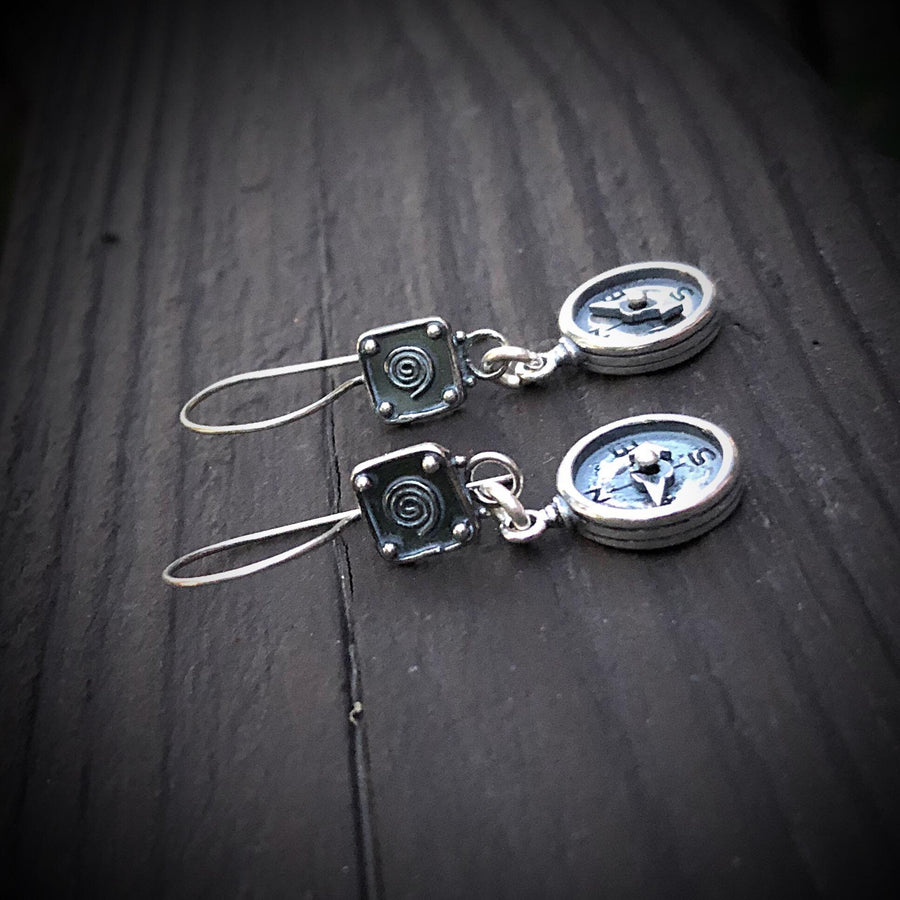 Artisan Sterling Silver Little Compass Earrings, Spiral Earwires, Compass Needle Actually Moves, Rustic Outdoor Dangle Earrings