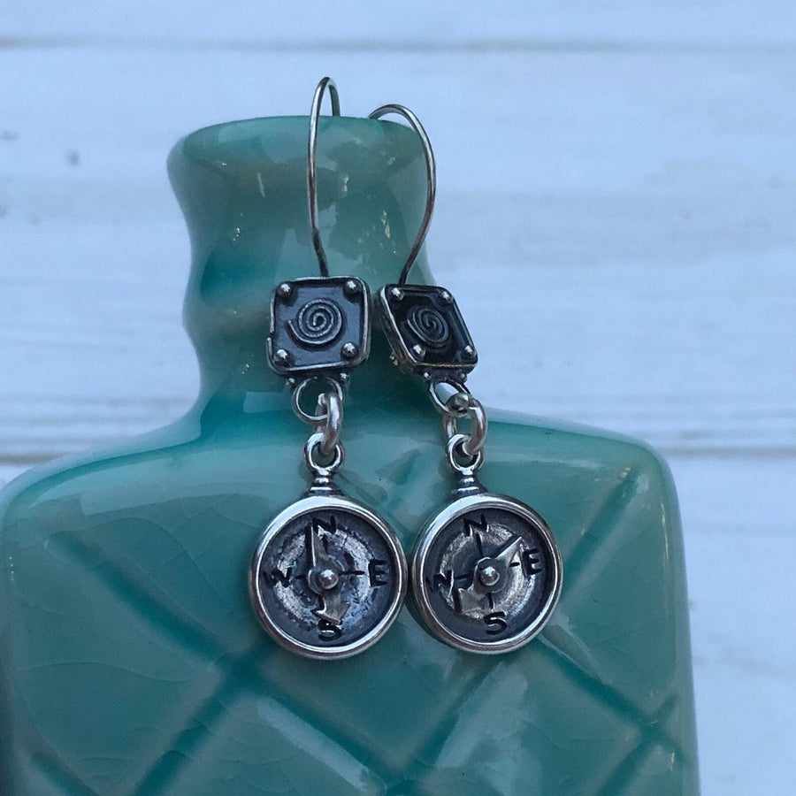 Artisan Sterling Silver Little Compass Earrings, Spiral Earwires, Compass Needle Actually Moves, Rustic Outdoor Dangle Earrings