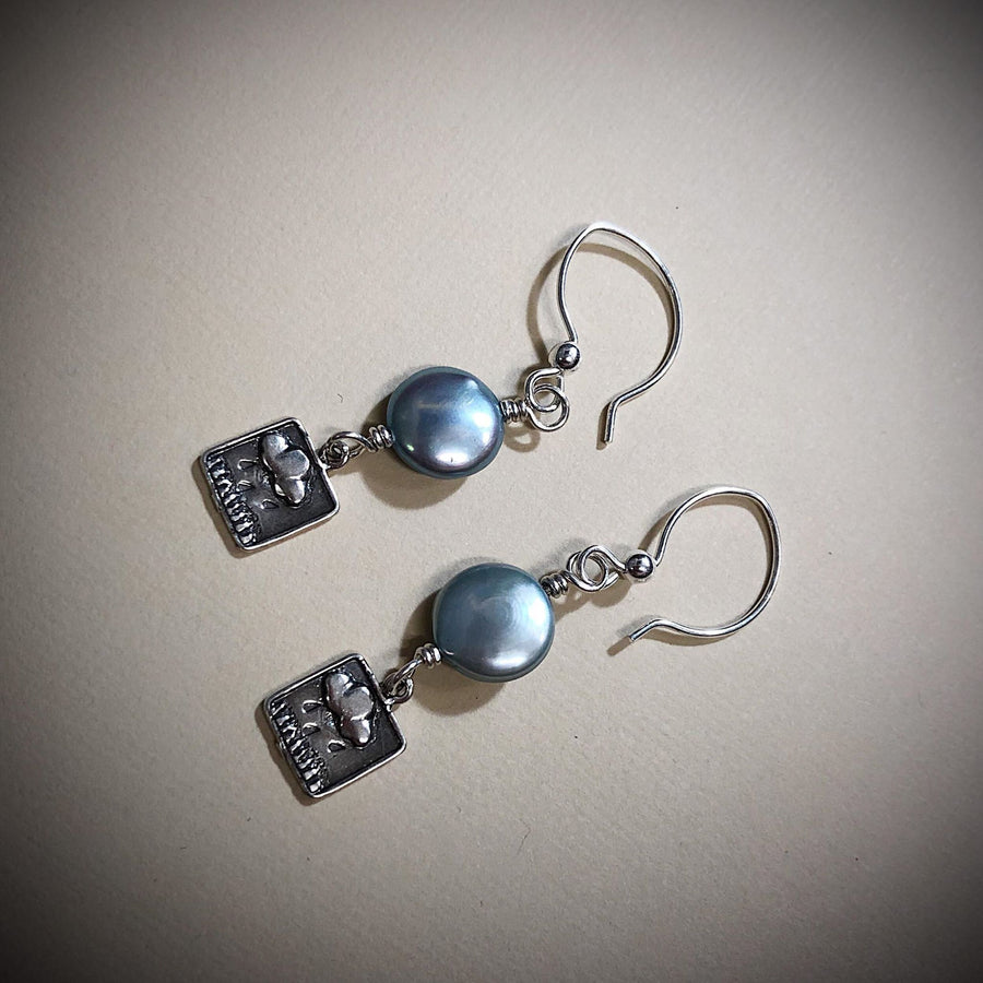 Artisan Sterling Silver and Blue Coin Pearl Earrings, Sterling Silver Rain Cloud Charm Earrings, Unique and OOAK, Handmade, Ear Wires