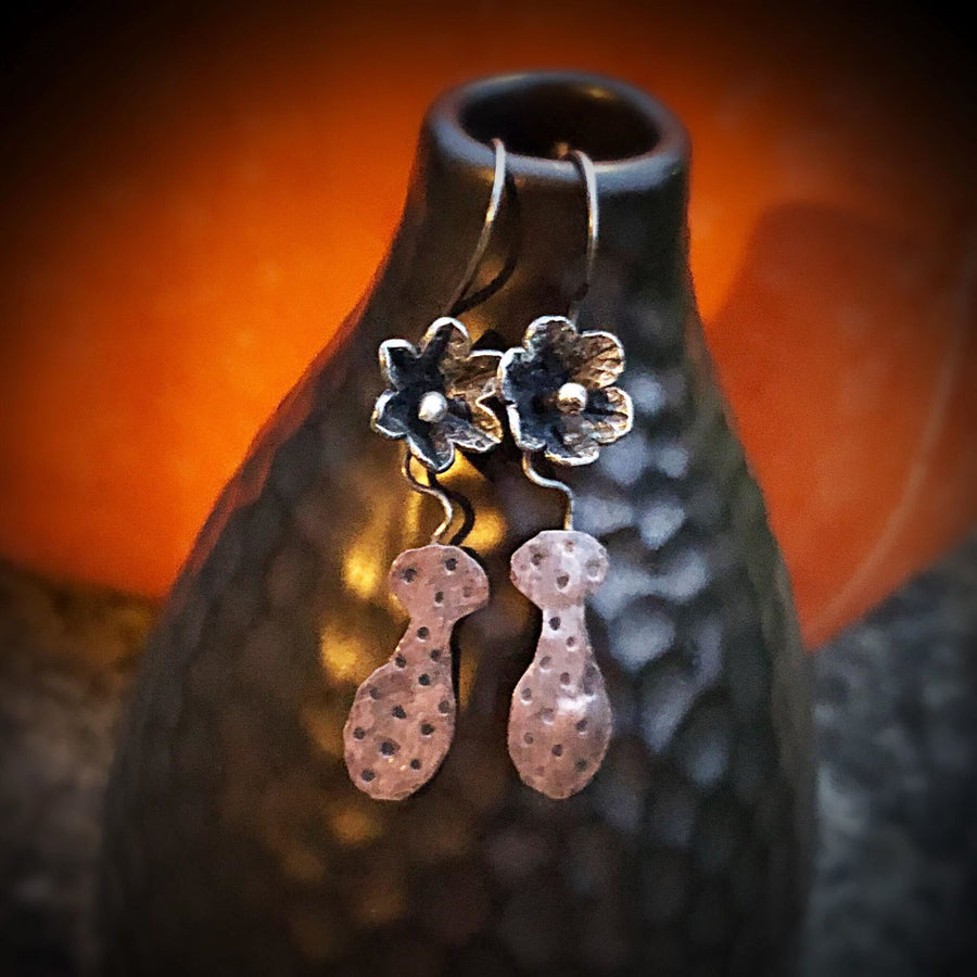 Artisan Sterling Silver Little Flower Vase Earrings, Polka Dot Vase, Handmade, Mixed Metal, Sterling Flowers and Copper Vases, Rustic