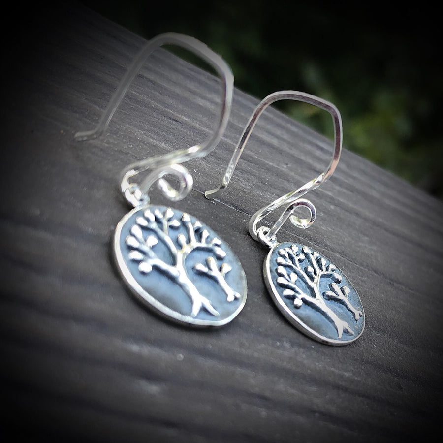 Artisan Sterling Silver Relief Oxidized Tree Earrings, Fancy Earwires, Simple and Classy, Perfect for All Occasion Silver Earrings Ear Wires