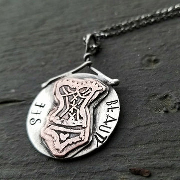 Artisan Corset Pendant, Hand Drawn, Etched and Stamped, See Beauty Necklace in Sterling Silver and Copper, Unique and One of a Kind OOAK