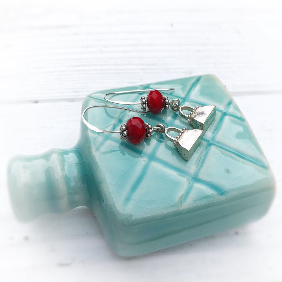 Artisan Sterling Silver Tiny Detailed Purse Earrings, Nice Weight, Faceted Red Jade on Sterling Ear Wires, Solid Charm, Not Hollow