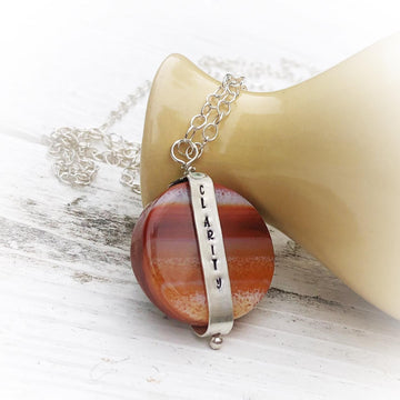 Artisan Sterling Silver & Banded Red Agate CLARITY Necklace Pendant, INNER STRENGTH, Unique Sterling Silver Banded Stone Pendant