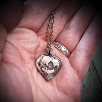 Artisan Stamped Heart Shaped Neighborhood Necklace, Original Little Houses, 100% Profits Benefit the Homeless, One of A Kind Recycled Silver