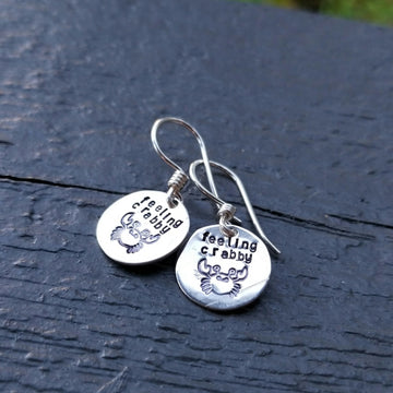 Artisan Sterling Silver Little Crab Earrings, Stamped Earrings, Round, Minimalist, Ear Wire, Feeling Crabby, Unique Gift, Cancer Zodiac Sign