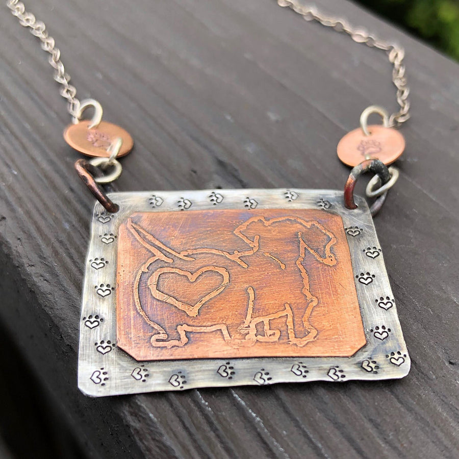 Artisan Sterling Silver and Etched Copper Necklace Pendant, Daschund, Doxie, Cute Butt, Paws, Paw Print, Dog Lover, Metalsmith Mixed Metal