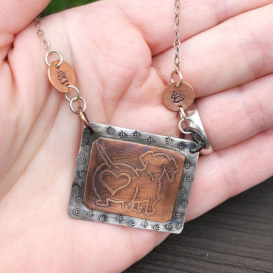 Artisan Sterling Silver and Etched Copper Necklace Pendant, Daschund, Doxie, Cute Butt, Paws, Paw Print, Dog Lover, Metalsmith Mixed Metal