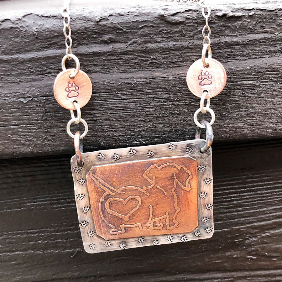 Artisan Sterling Silver and Etched Copper Necklace Pendant, Daschund, Doxie, Cute Butt, Paws, Paw Print, Dog Lover, Metalsmith Mixed Metal