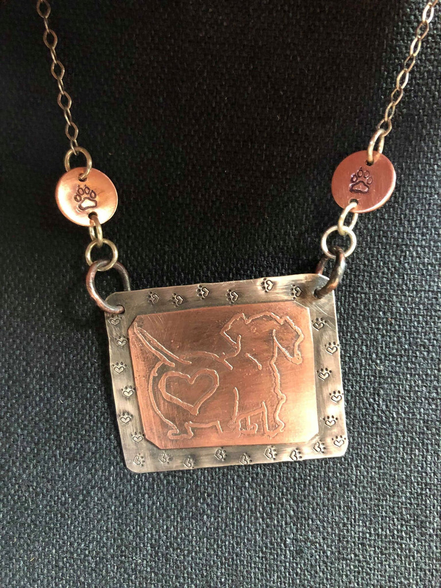 Artisan Sterling Silver and Etched Copper Necklace Pendant, Daschund, Doxie, Cute Butt, Paws, Paw Print, Dog Lover, Metalsmith Mixed Metal