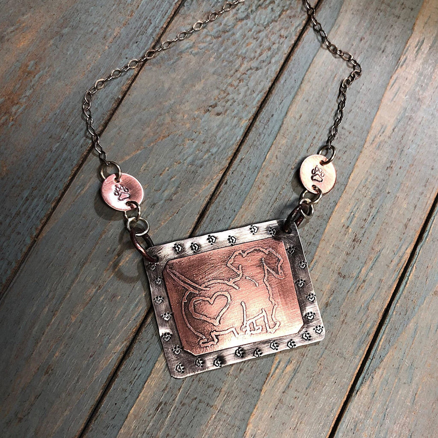 Artisan Sterling Silver and Etched Copper Necklace Pendant, Daschund, Doxie, Cute Butt, Paws, Paw Print, Dog Lover, Metalsmith Mixed Metal