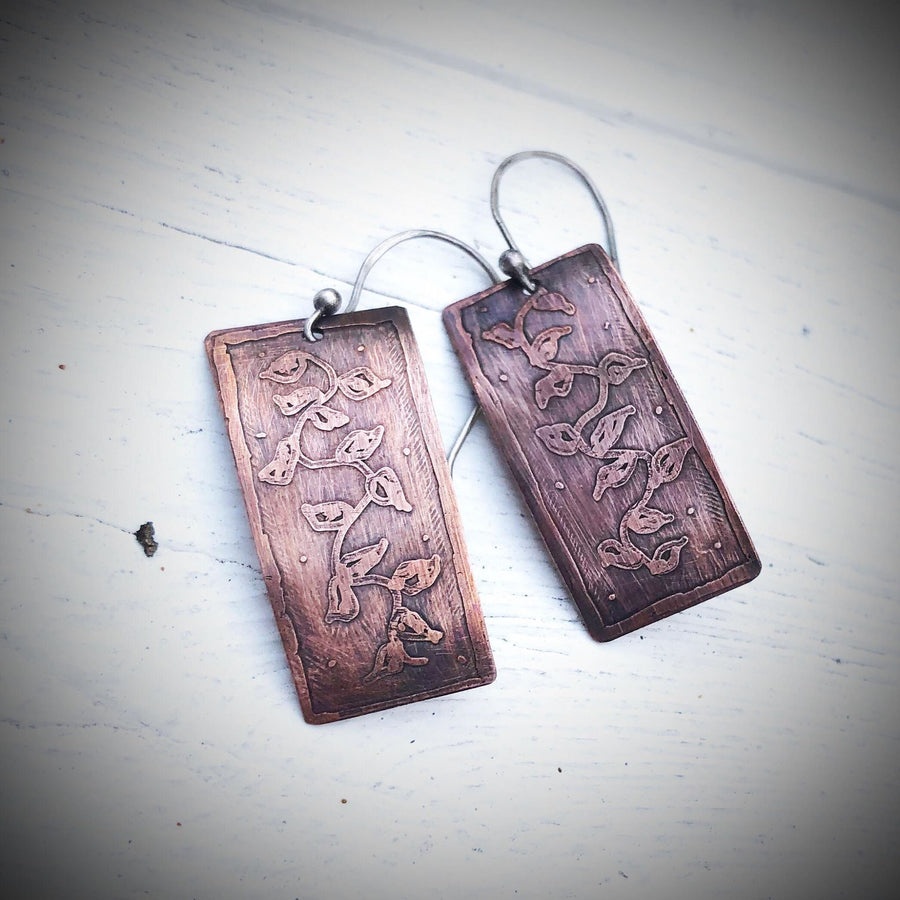 Artisan Sterling Silver and Copper Etched Vine Earrings Versatile Classy Statement One of a Kind Rectangle & Curved Shape Sterling Ear wires