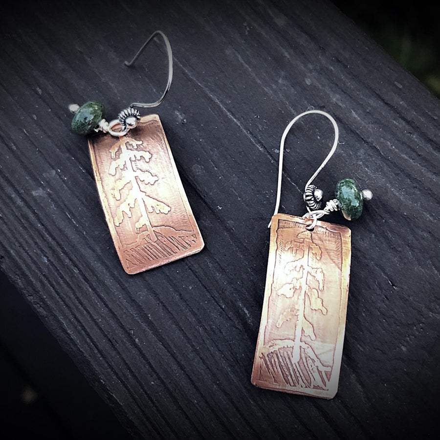 Artisan Sterling Silver and Copper Etched Green Jade Evergreen Earrings Pine Tree Statement One of a Kind Rectangle Curved Shape Classy