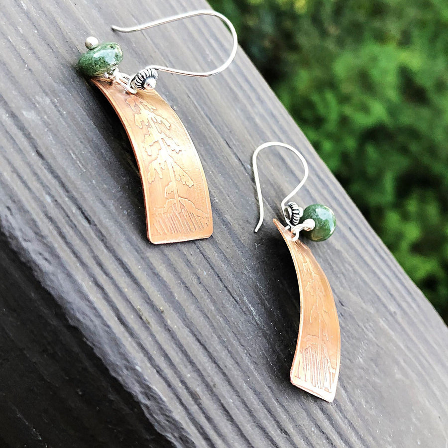 Artisan Sterling Silver and Copper Etched Green Jade Evergreen Earrings Pine Tree Statement One of a Kind Rectangle Curved Shape Classy