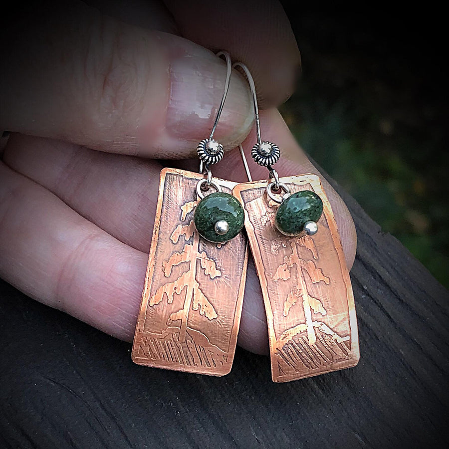 Artisan Sterling Silver and Copper Etched Green Jade Evergreen Earrings Pine Tree Statement One of a Kind Rectangle Curved Shape Classy