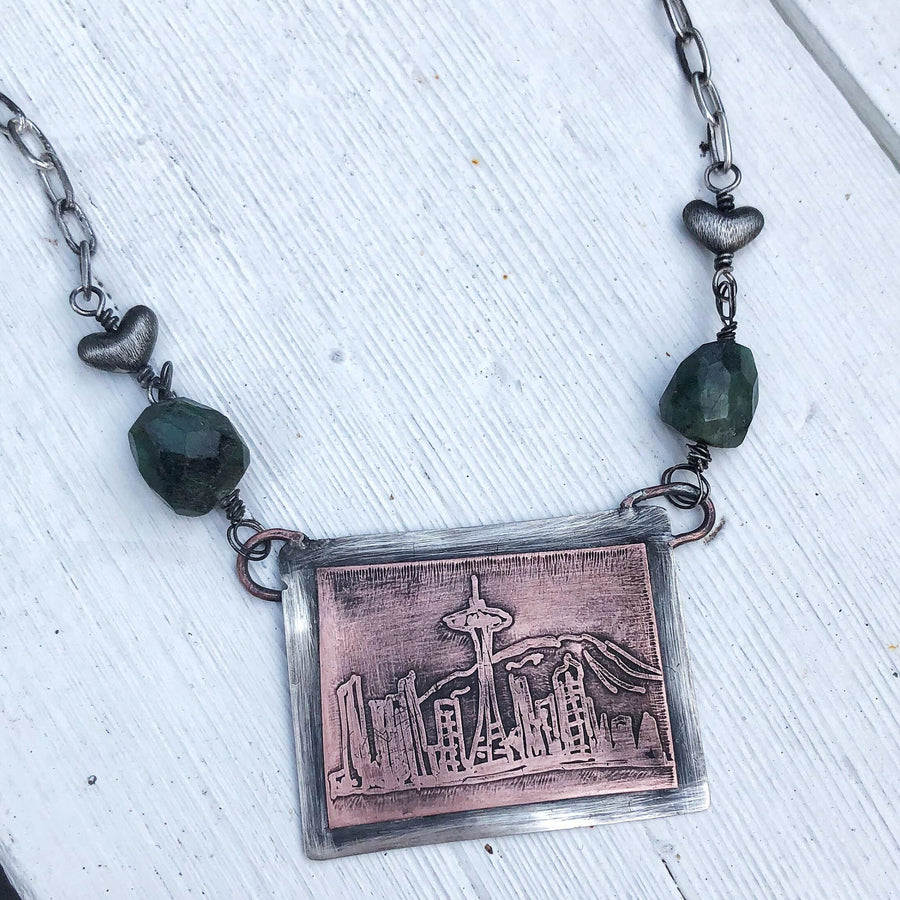 Artisan Sterling Silver and Etched Copper Necklace Pendant, Seattle Skyline, The Emerald City, Metalsmith, Mixed Metal, Washington, Rainier