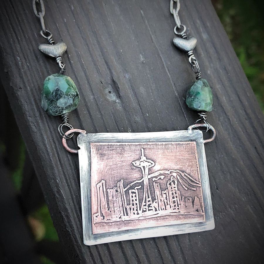 Artisan Sterling Silver and Etched Copper Necklace Pendant, Seattle Skyline, The Emerald City, Metalsmith, Mixed Metal, Washington, Rainier