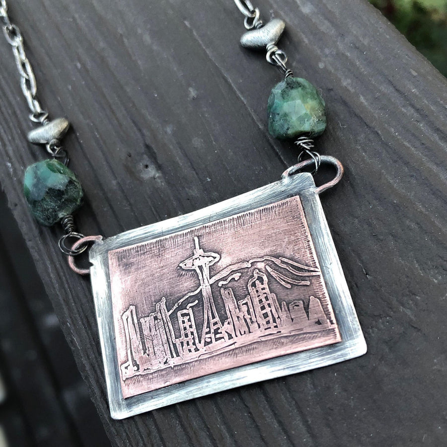 Artisan Sterling Silver and Etched Copper Necklace Pendant, Seattle Skyline, The Emerald City, Metalsmith, Mixed Metal, Washington, Rainier