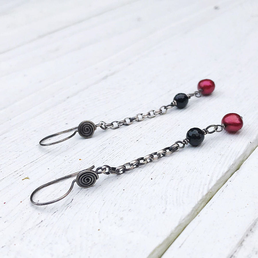 Artisan Sterling Silver long line chain earrings with faceted black onyx and red pearls, minimalist & classy, antiqued ear wires with spiral