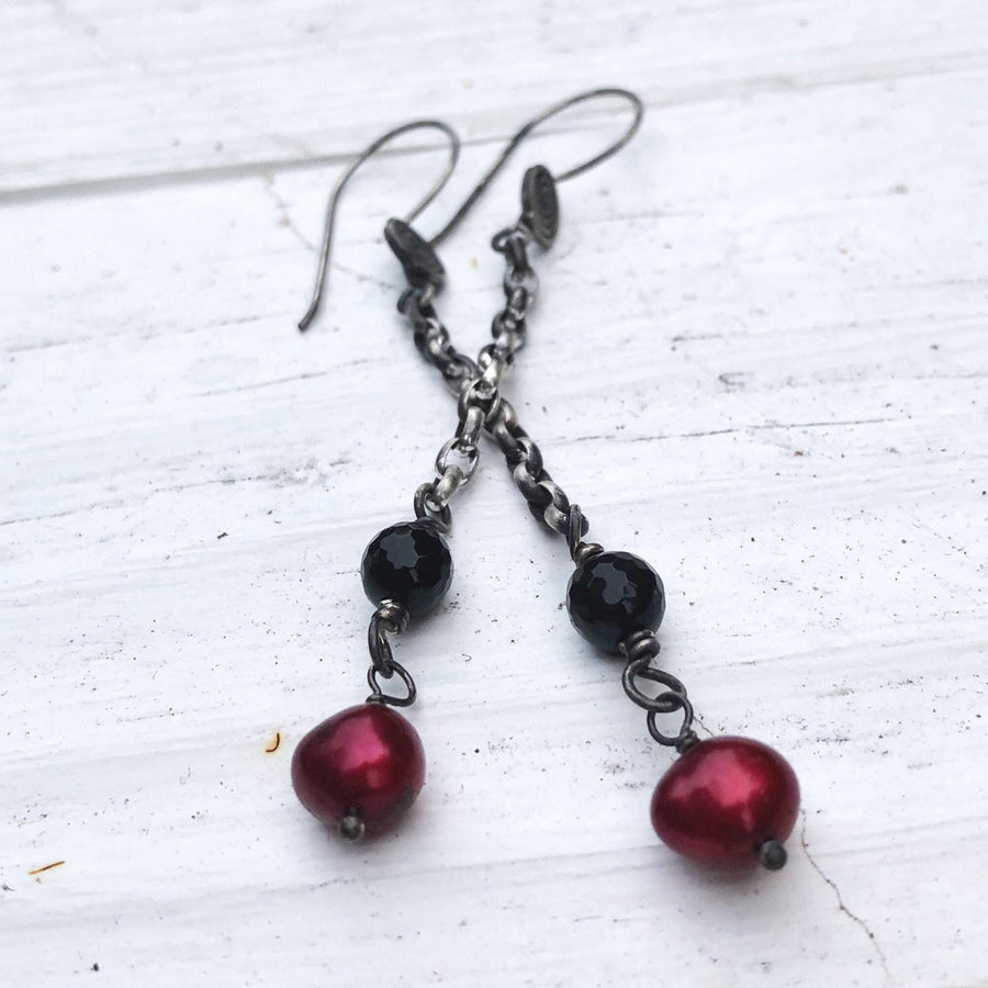 Artisan Sterling Silver long line chain earrings with faceted black onyx and red pearls, minimalist & classy, antiqued ear wires with spiral