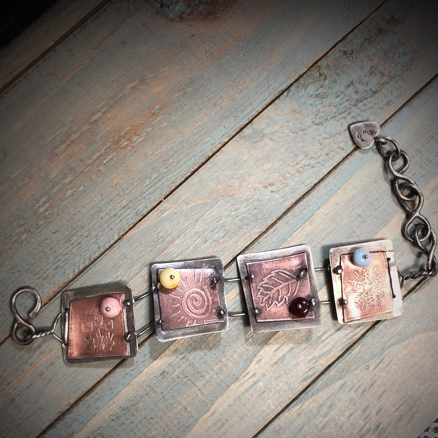 Artisan Sterling Silver and Etched Copper Seasons Bracelet - Metalsmith - One of a Kind - Peruvian Opal Accents - Unique, One of a Kind OOAK