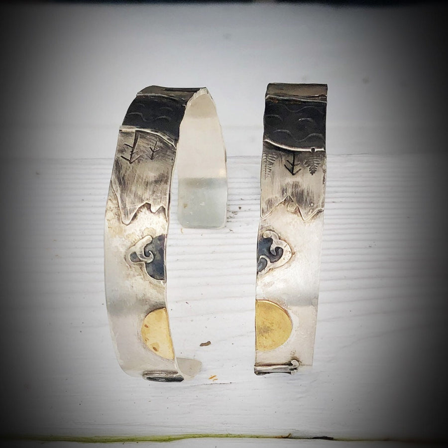 PAIR Artisan Sterling Silver w/ Accents His & Hers Matched Cut from the Same Scene and Piece to Make 2 Cuffs Couple Matching Puzzle Bracelet