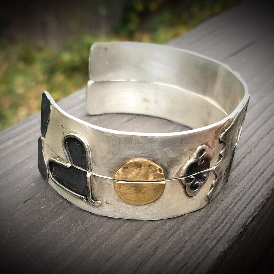 PAIR Artisan Sterling Silver w/ Accents His & Hers Matched Cut from the Same Scene and Piece to Make 2 Cuffs Couple Matching Puzzle Bracelet