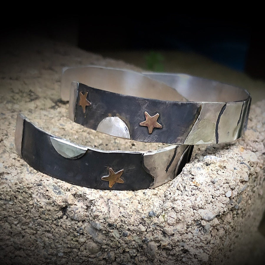 PAIR Artisan Sterling Silver w/ Accents His & Hers Matched Cut from the Same Scene and Piece to Make 2 Cuffs Couple Matching Puzzle Bracelet