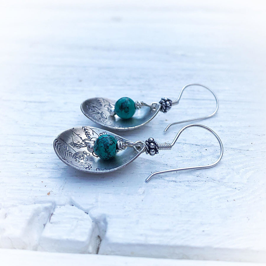 Artisan Sterling Silver Petal & Nevada Turquoise beads with Sterling Earwires Drop Dangle Earrings Beautiful Bali Silver Stamped