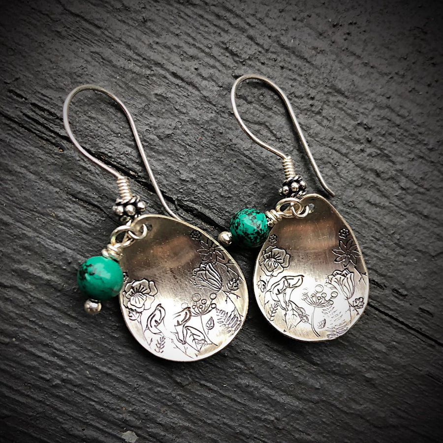 Artisan Sterling Silver Petal & Nevada Turquoise beads with Sterling Earwires Drop Dangle Earrings Beautiful Bali Silver Stamped